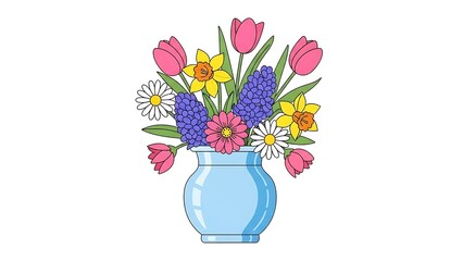 A colorful illustration of spring flowers including tulips, daffodils, and hyacinths in a blue vase