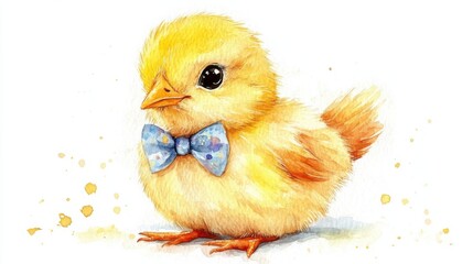 watercolor cartoon baby chick with a bow tie, white background