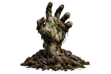 Fototapeta premium Undead zombie hand emerging from grave dirt, rising from the dead for horror and halloween concepts with transparent background