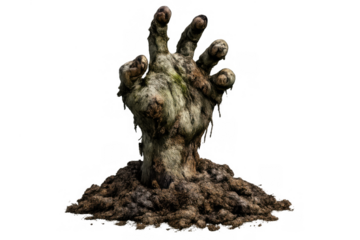 Undead zombie hand emerging from grave dirt, rising from the dead for horror and halloween concepts with transparent background