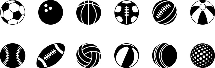Collection of Stylized Sports Ball Icons Silhouette,  Sports Ball,  Sport Game Balls,  sports concept for Baseball, Tennis, Rugby, Soccer, Volleyball banner, vector illustration. 