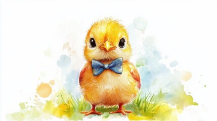 watercolor cartoon baby chick with a bow tie, white background