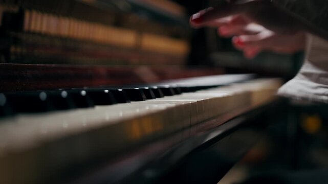 Low angle close-up of female hands playing piano keys, shot handheld. Cinematic music performance, classical instrument, creativity, emotion and artistic lifestyle concept.