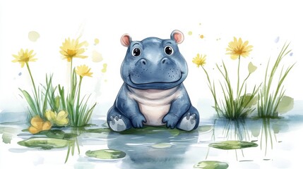 watercolor cartoon baby hippo sitting in a pond, white background