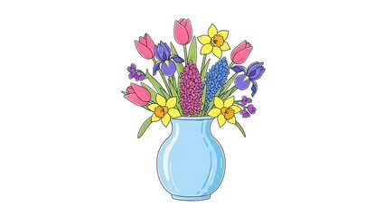 Vibrant spring flowers including tulips, daffodils, and hyacinths in a light blue vase illustration