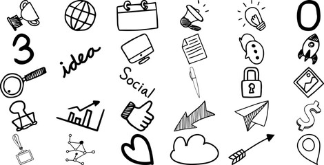 Doodle icon set for business and technology hand-drawn symbols for web design and presentations isolated on white background