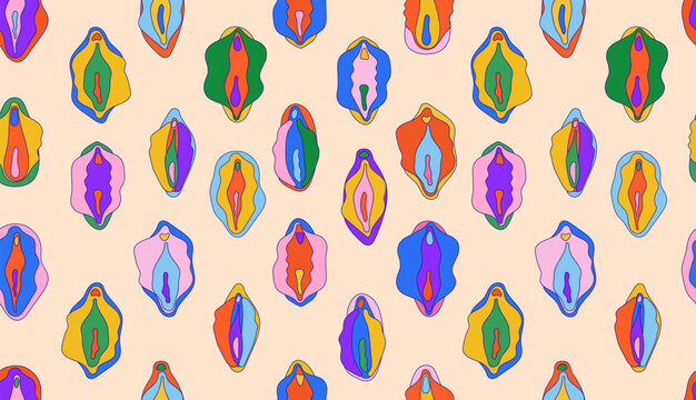 Seamless pattern with female reproductive system. Stylized anatomical vulva, vagina motifs in clean, educational. Repeat pattern for women&rsquo;s health awareness, medical design, education, biology themes