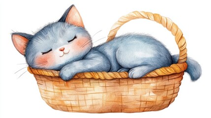 watercolor cartoon cat sleeping in a basket, pastel colors, white background
