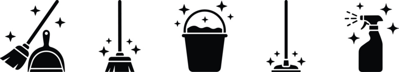 Cleaning and housekeeping icons set featuring broom mop bucket plunger and spray bottle symbols for hygiene service and maintenance design © Creatives Art