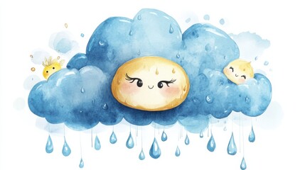 watercolor cartoon cloud with cute face and raindrops, white background