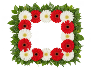 Floral heart shape with red and white gerbera daisies isolated on transparent background