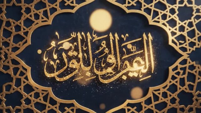 Golden Arabic calligraphy on a dark blue background with a geometric frame illuminated by a sparkling glow