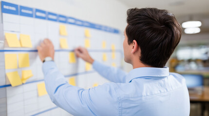 team leader reviewing old, overlapping project plans pinned in layers on bulletin board