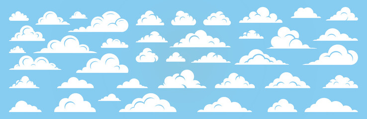 Fluffy clouds collection, Vector set of clouds shapes Illustrations, Design elements for the weather forecast, web interface or cloud storage applications, logo,  banner, post card, invitation, flyer.