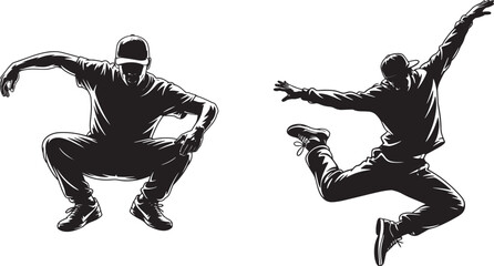 Two Male street dancers rendered as crisp black silhouette, showcases a unique breakdance or hip-hop pose with dynamic body language vector Illustrations set for logo,  banner, post card, 