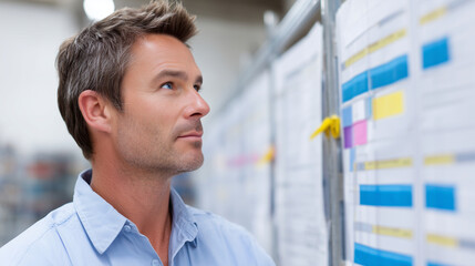 team leader reviewing old, overlapping project plans pinned in layers on bulletin board