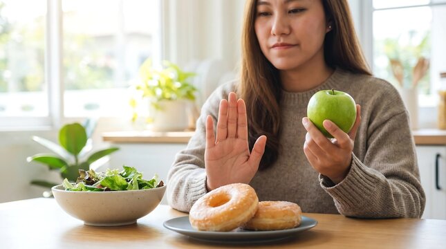 a woman is making a conscious decision about her diet rejecting unhealthy options like donuts in favor of a fresh green apple and - Powered by Adobe