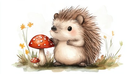 watercolor cartoon hedgehog holding a mushroom, white background