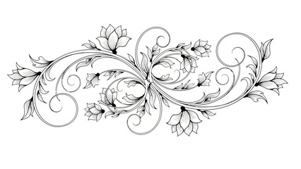 Elegant Floral and Scroll Ornament with Detailed Flowers and Leaves, Decorative Vintage Design on Isolated White Background