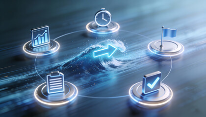 3d cinematic illustration of glowing blue digital arrow riding a blue ocean wave surrounded by icons for time management growth analytics business goals and verified checklists