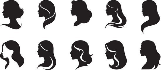 Minimalist black beautiful cute face of lady side profile various silhouette collection, smooth solid black fill vector Illustrations set for  banner, post card, invitation, flyer.