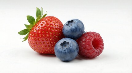 a vibrant still life composition featuring a ripe strawberry two plump blueberries and a textured raspberry all presented on a clean white surface