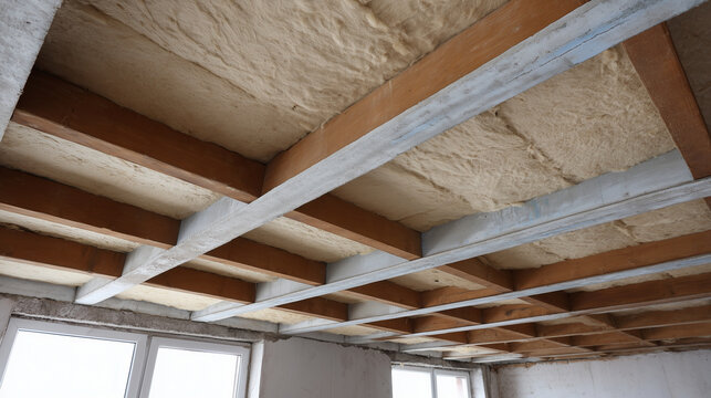 ceiling view showing soundproofing material layers above drywall
