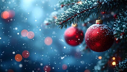 Elegant red Christmas ornaments hanging on fir branches with falling snow against a blue abstract winter background, perfect for festive banners, holiday cards, and seasonal designs.