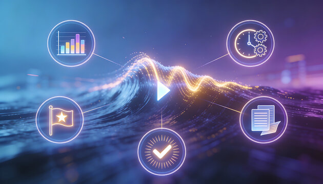 3d cinematic illustration of glowing play button over neon digital waves with circular icons for data analytics time management quality verification and achievement flag - Powered by Adobe