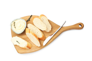 Slices of baguette with butter, thyme and knife isolated on white, top view