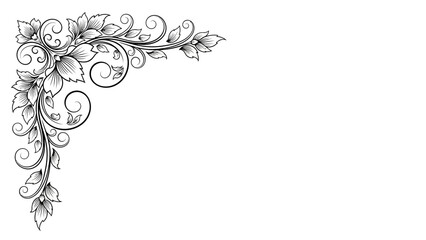 Obraz premium Elegant floral corner ornament with swirling leaves and flowers, isolated white background.