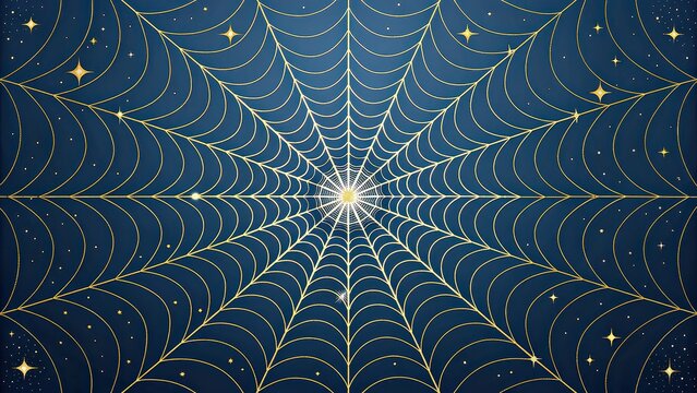 Elegant golden spider web on starry night sky background, ideal for mystical themes, Halloween graphics, fantasy designs, luxury decor, celestial branding, magical illustrations, and abstract patterns