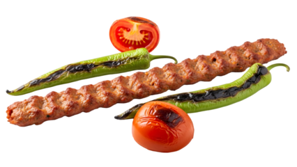 Grilled meat skewers with tomatoes and peppers