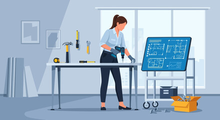 Woman Assembling Furniture with Power Drill and Blueprint.