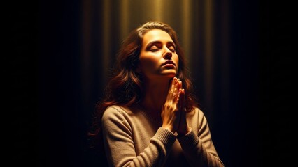 Woman Praying in Dark with Divine Light