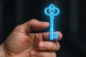 Access security holographic key hand evoke wonder close-up a human hand to hold glowing ornate digital key conveying trust and exclusive entry