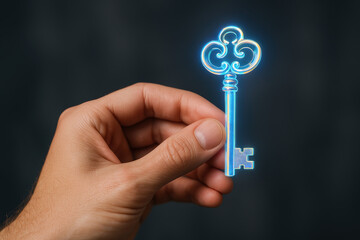Access key security login solution access key A close-up a hand holding a glowing ornate holographic key conveying authentication trust and exclusive access in a modern technology