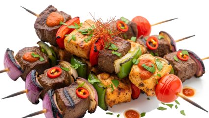 Savory skewers of marinated meat and vegetables