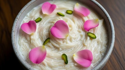 Delicious traditional dessert with creamy noodles garnished with rose petals and pistachios