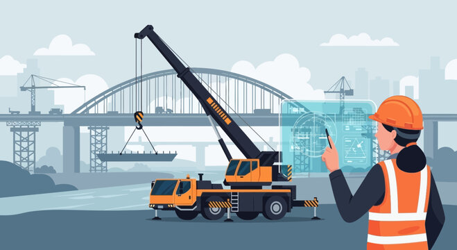 Construction Worker Overseeing Crane Operation at Bridge Construction Site.