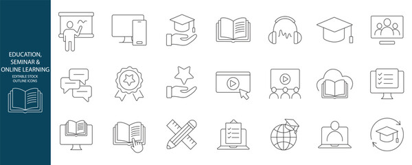 Education, seminar, online learning, webinar editable stroke outline icons set