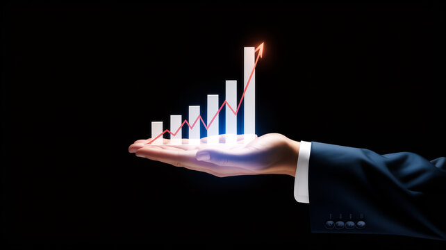 A professional business image showing a caucasian male hand in a dark blue suit sleeve reaching out to present a holographic financial chart against a pure black background - Powered by Adobe