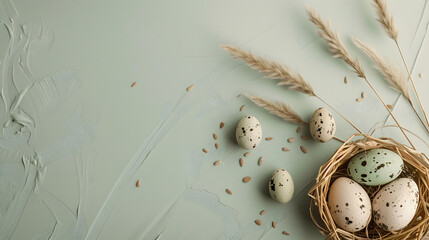 Easter eggs on wooden background banner with space for lettering 