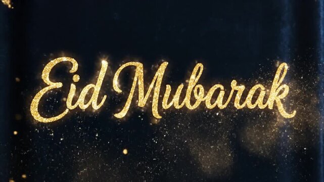 Golden glitter Eid Mubarak text in cursive script on a dark background with sparkling particles
