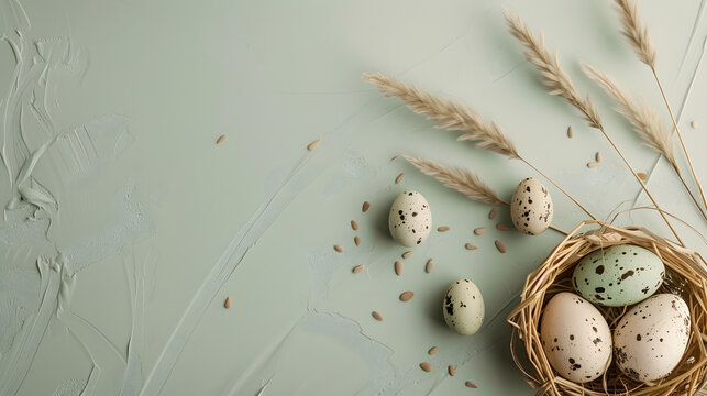 Easter eggs on wooden background banner with space for lettering 