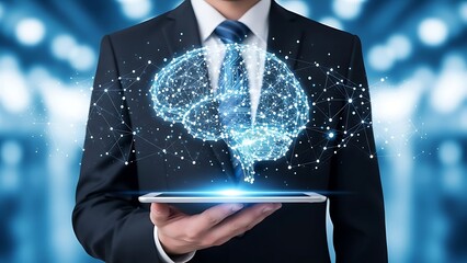 Person holding tablet with holographic brain and network connections