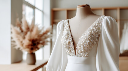 Wedding dress pearl embellished bodice mannequin. Bridal gown white pearl beaded neckline, puff sleeves, elegant design. Wedding salon boutique display, luxury bridal fashion, pearl embroidery details