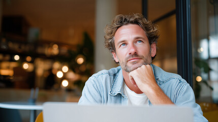Man thinking cafe laptop work thoughtful contemplation. Professional remote worker looking up reflection casual denim shirt. Cozy workspace coffee shop career change inspiration new beginning idea.