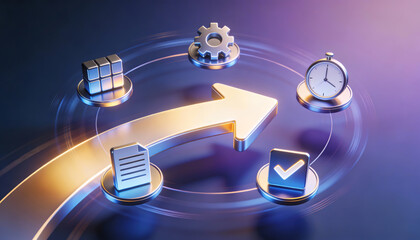 3d isometric digital illustration of a glowing silver arrow rising upward on a circular path with icons for time management gear process data storage and verified document