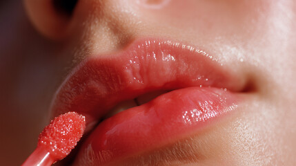 Gummy lip gloss texture, glossy red coral finish on lips. Sparkling jelly balm applicator, bouncy elastic cosmetic. Beauty makeup macro, dewy moisturizing product, trendy aesthetic skincare routine.